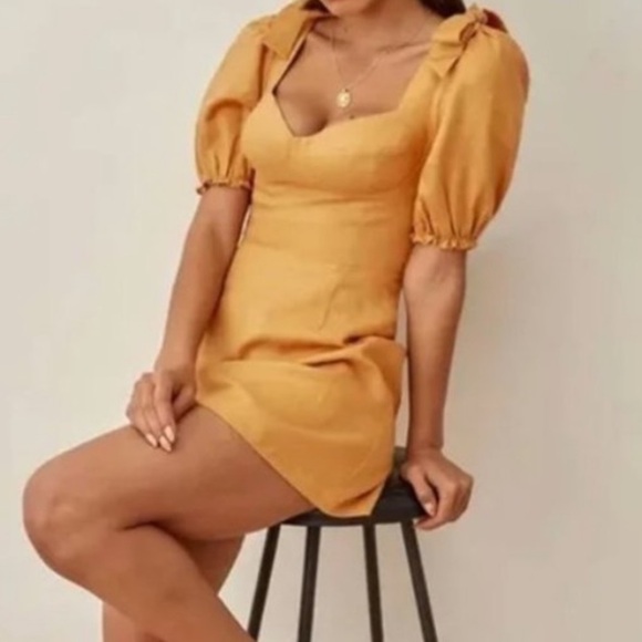 Reformation Yellow Ochre Spring Bow Sleeve Linen Mini Dress SIZE 6 - Picture 2 of 9